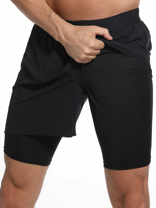 Men's 2 in 1 Workout Running Shorts Lightweight Training Yoga Gym Short with Zipper Pockets