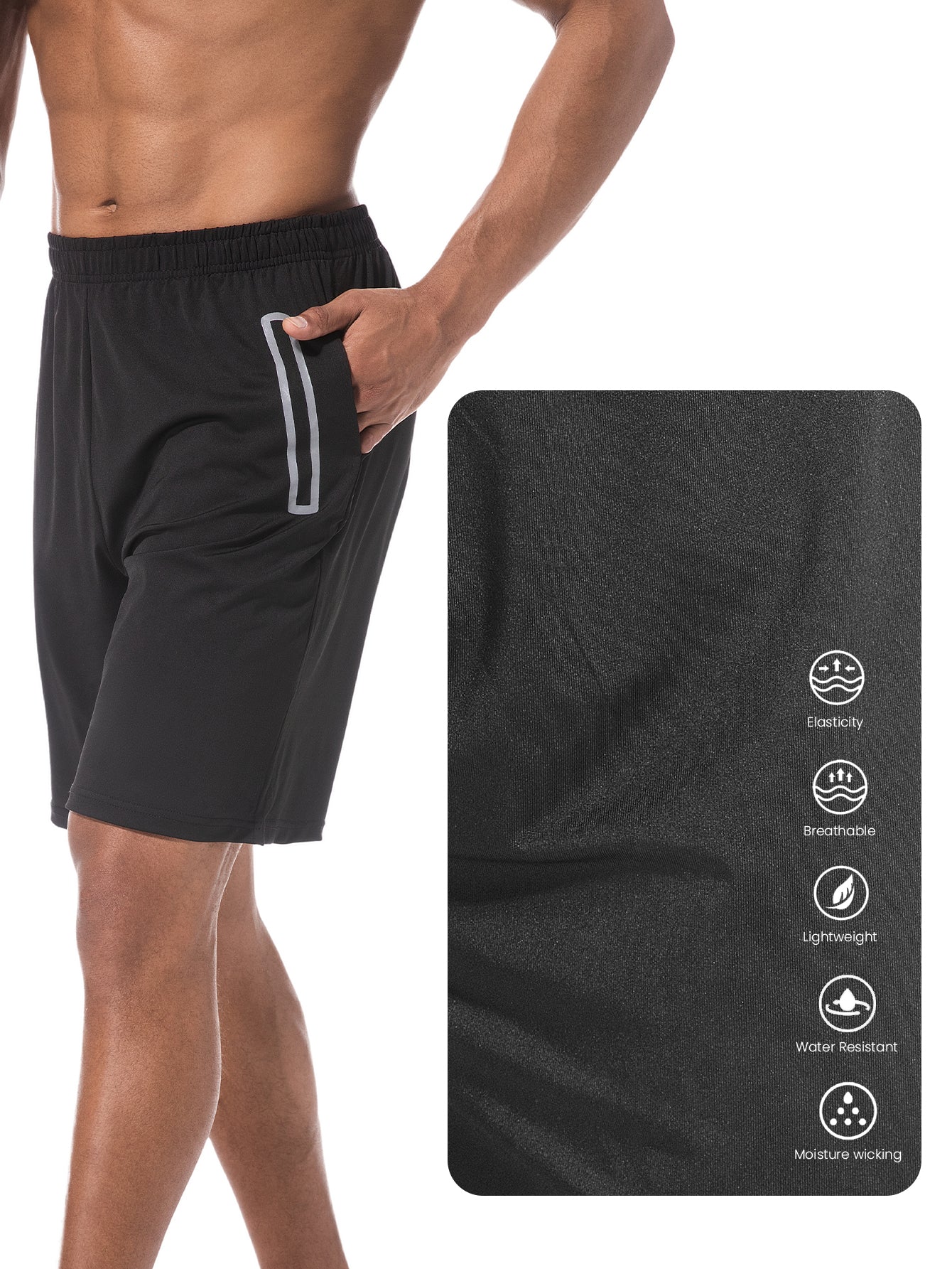 Men's Running Shorts Fitness Shorts with Pockets Quick Drying Workout Shorts Black