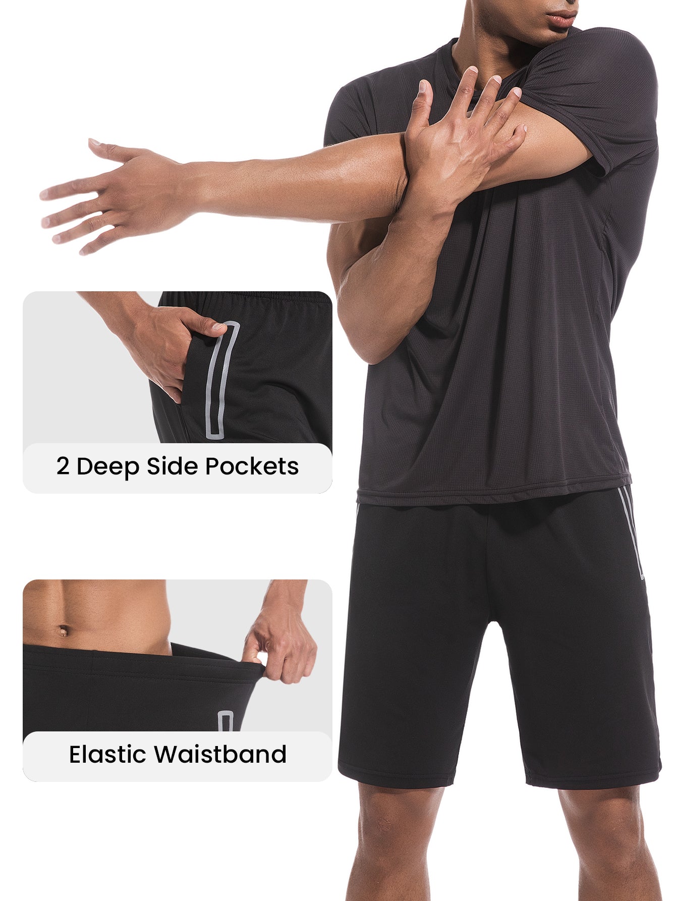 Men's Running Shorts Fitness Shorts with Pockets Quick Drying Workout Shorts Black